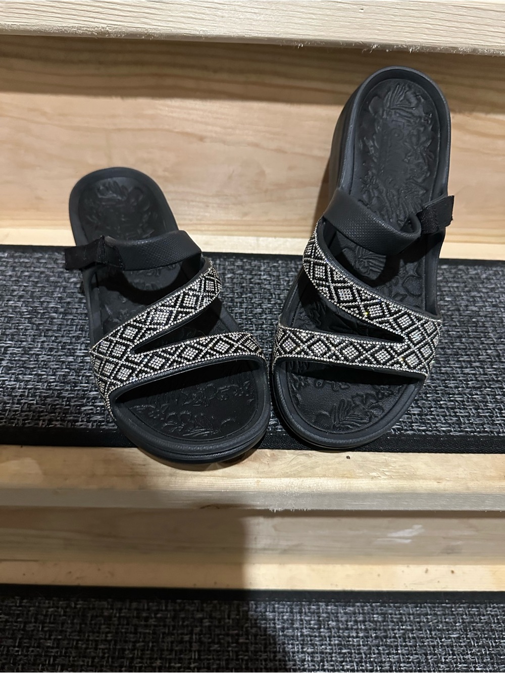 Skechers Black Slide Sandals with Beaded Geometric Straps
